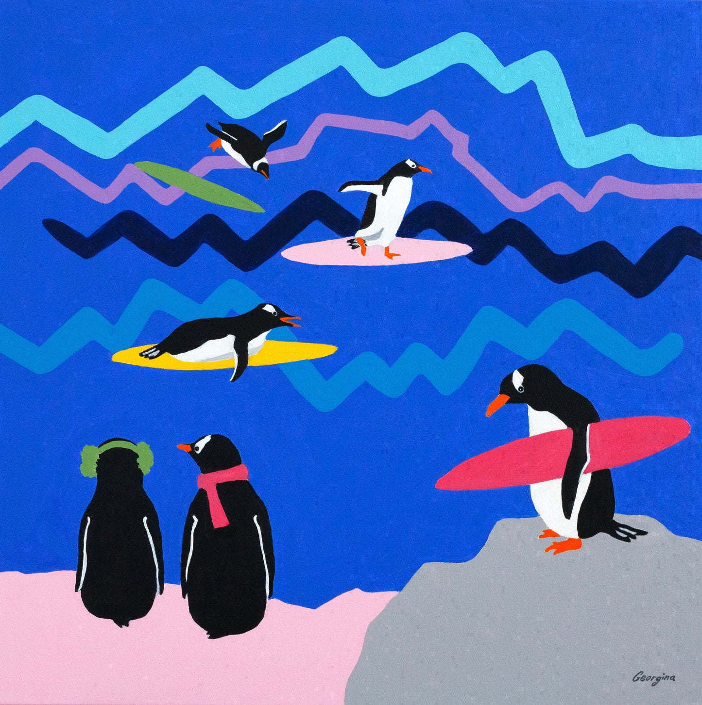 Surfer Penguins Painting