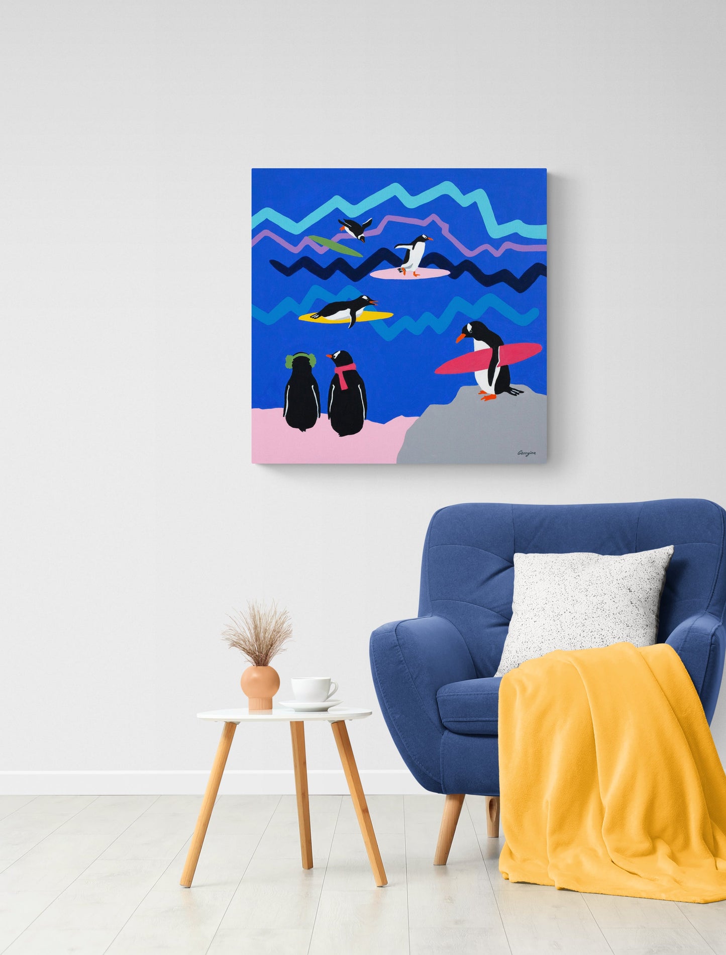 Surfer Penguins Painting
